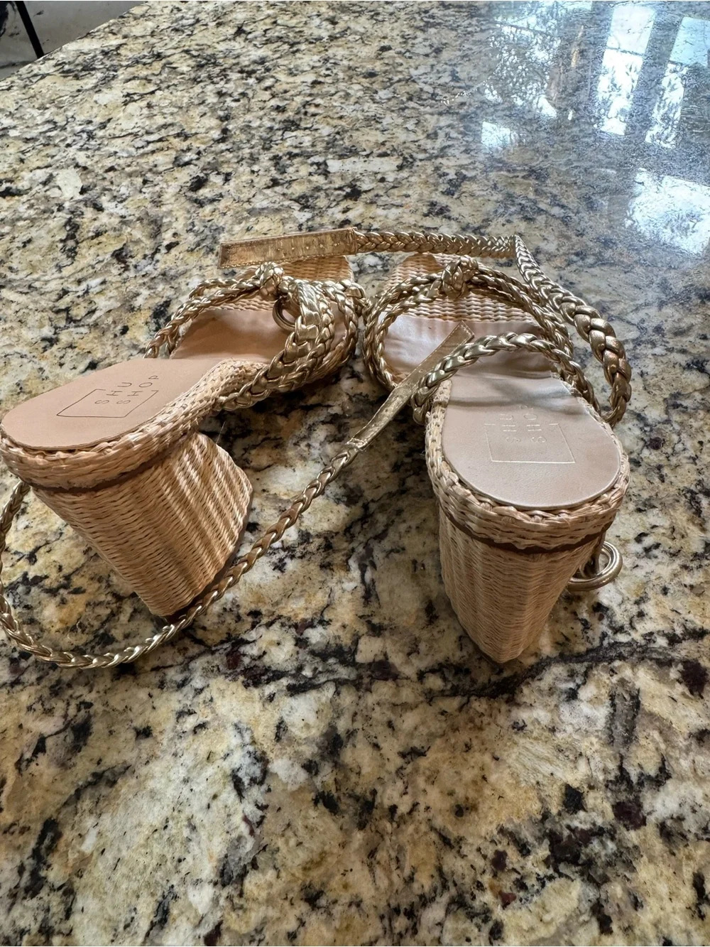 SHU SHOP Helen Gold Braided Raffia Block Heel Sandals